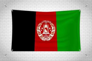 Afghanistan flag hanging on brick wall. 3D drawing. Flag attached to the wall. Neatly drawing in groups on separate layers for easy editing. vector