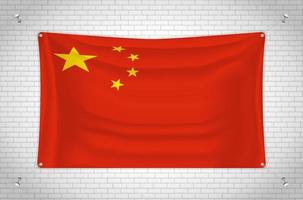 China flag hanging on brick wall. 3D drawing. Flag attached to the wall. Neatly drawing in groups on separate layers for easy editing. vector