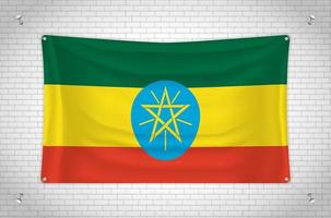Ethiopia flag hanging on brick wall. 3D drawing. Flag attached to the wall. Neatly drawing in groups on separate layers for easy editing. vector