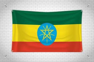 Ethiopia flag hanging on brick wall. 3D drawing. Flag attached to the wall. Neatly drawing in groups on separate layers for easy editing. vector