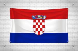 Croatia flag hanging on brick wall. 3D drawing. Flag attached to the wall. Neatly drawing in groups on separate layers for easy editing. vector