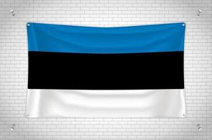 Estonia flag hanging on brick wall. 3D drawing. Flag attached to the wall. Neatly drawing in groups on separate layers for easy editing. vector