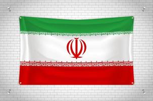 Iran flag hanging on brick wall. 3D drawing. Flag attached to the wall. Neatly drawing in groups on separate layers for easy editing. vector