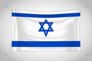 Israel flag hanging on brick wall. 3D drawing. Flag attached to the wall. Neatly drawing in groups on separate layers for easy editing. vector