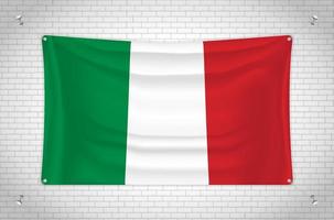 Italy flag hanging on brick wall. 3D drawing. Flag attached to the wall. Neatly drawing in groups on separate layers for easy editing. vector