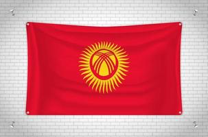 Kyrgyzstan flag hanging on brick wall. 3D drawing. Flag attached to the wall. Neatly drawing in groups on separate layers for easy editing. vector