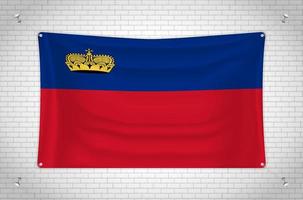 bandera de liechtenstein colgada en la pared de ladrillo. dibujo 3d bandera pegada a la pared. dibujar cuidadosamente en grupos en capas separadas para facilitar la edición. vector