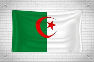 Algeria flag hanging on brick wall. 3D drawing. Flag attached to the wall. Neatly drawing in groups on separate layers for easy editing. vector