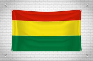 Bolivia flag hanging on brick wall. 3D drawing. Flag attached to the wall. Neatly drawing in groups on separate layers for easy editing. vector