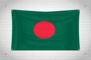 Bangladesh flag hanging on brick wall. 3D drawing. Flag attached to the wall. Neatly drawing in groups on separate layers for easy editing. vector