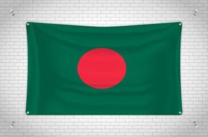 Bangladesh flag hanging on brick wall. 3D drawing. Flag attached to the wall. Neatly drawing in groups on separate layers for easy editing. vector