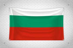 Bulgaria flag hanging on brick wall. 3D drawing. Flag attached to the wall. Neatly drawing in groups on separate layers for easy editing. vector