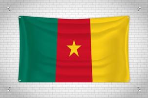 Cameroon flag hanging on brick wall. 3D drawing. Flag attached to the wall. Neatly drawing in groups on separate layers for easy editing. vector