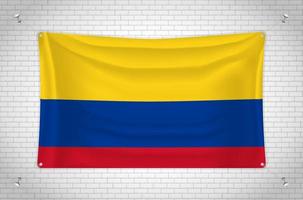 Colombia flag hanging on brick wall. 3D drawing. Flag attached to the wall. Neatly drawing in groups on separate layers for easy editing. vector