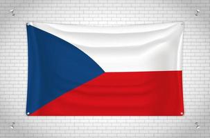 Czechia flag hanging on brick wall. 3D drawing. Flag attached to the wall. Neatly drawing in groups on separate layers for easy editing. vector