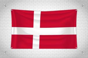 Denmark flag hanging on brick wall. 3D drawing. Flag attached to the wall. Neatly drawing in groups on separate layers for easy editing. vector