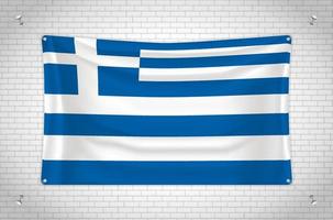 Greece flag hanging on brick wall. 3D drawing. Flag attached to the wall. Neatly drawing in groups on separate layers for easy editing. vector