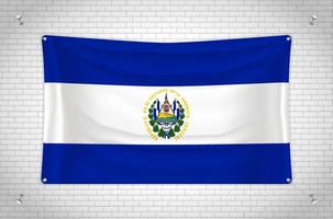 bandera de el salvador colgada en la pared de ladrillo. dibujo 3d bandera pegada a la pared. dibujando cuidadosamente en grupos en capas separadas para facilitar la edición. vector