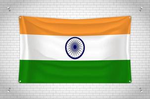 India flag hanging on brick wall. 3D drawing. Flag attached to the wall. Neatly drawing in groups on separate layers for easy editing. vector