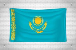 Kazakhstan flag hanging on brick wall. 3D drawing. Flag attached to the wall. Neatly drawing in groups on separate layers for easy editing. vector