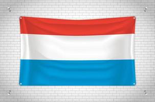 Luxembourg flag hanging on brick wall. 3D drawing. Flag attached to the wall. Neatly drawing in groups on separate layers for easy editing. vector