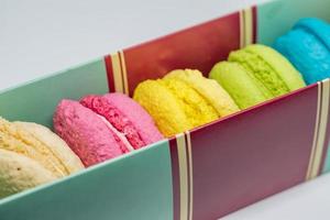 french colorful macaroons in a rows in a box on white background photo