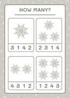 How many Cobweb, game for children. Vector illustration, printable worksheet