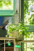 decorative cage with flowers in cafe photo
