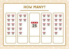 How many christmas calendar, game for children. Vector illustration, printable worksheet