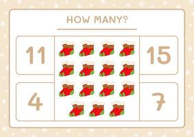 How many christmas sock, game for children. Vector illustration, printable worksheet