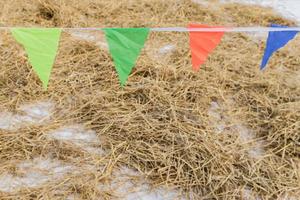colorful flag garland against dry hay background photo