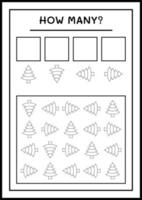 How many christmas tree, game for children. Vector illustration, printable worksheet