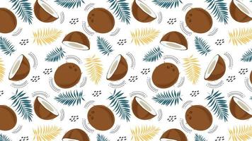 Seamless horizontal pattern with coconut, palm leaves and abstract elements, on a white background. Whole coconut and slice. Vector illustration in cartoon flat style.