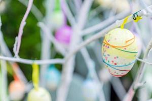 colorido huevo de Pascua colgando de la rama de un árbol, de cerca foto