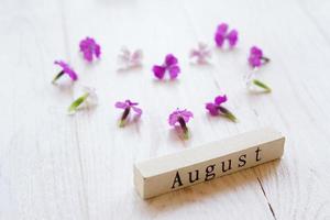 top view of wooden calendar with August sign and pink flowers. photo