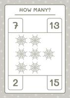 How many Cobweb, game for children. Vector illustration, printable worksheet