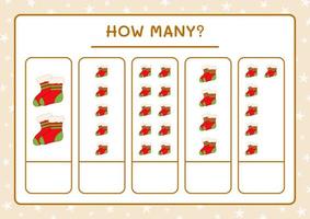 How many christmas sock, game for children. Vector illustration, printable worksheet