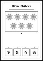 How many Cobweb, game for children. Vector illustration, printable worksheet