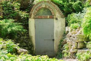 Entrance door to an old basement, park landscape photo