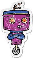 distressed sticker of a cartoon robot with crossed arms vector