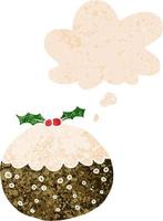 cartoon christmas pudding and thought bubble in retro textured style vector