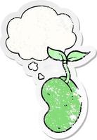 cartoon sprouting seed and thought bubble as a distressed worn sticker vector
