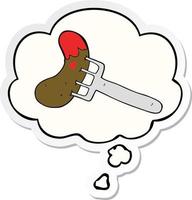 cartoon sausage on fork and thought bubble as a printed sticker vector
