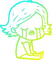 cold gradient line drawing cartoon girl crying sat on floor vector