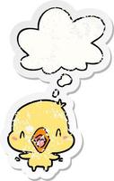 cartoon happy bird and thought bubble as a distressed worn sticker vector