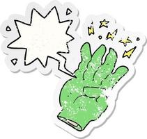 cartoon spooky magic hand and speech bubble distressed sticker vector