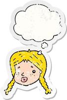 cartoon girls face and thought bubble as a distressed worn sticker vector