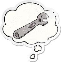 cartoon spanner and thought bubble as a distressed worn sticker vector