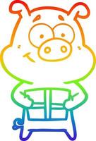 rainbow gradient line drawing happy cartoon pig holding christmas present vector