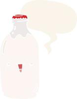 linda botella de leche de dibujos animados y burbuja de habla en estilo retro vector